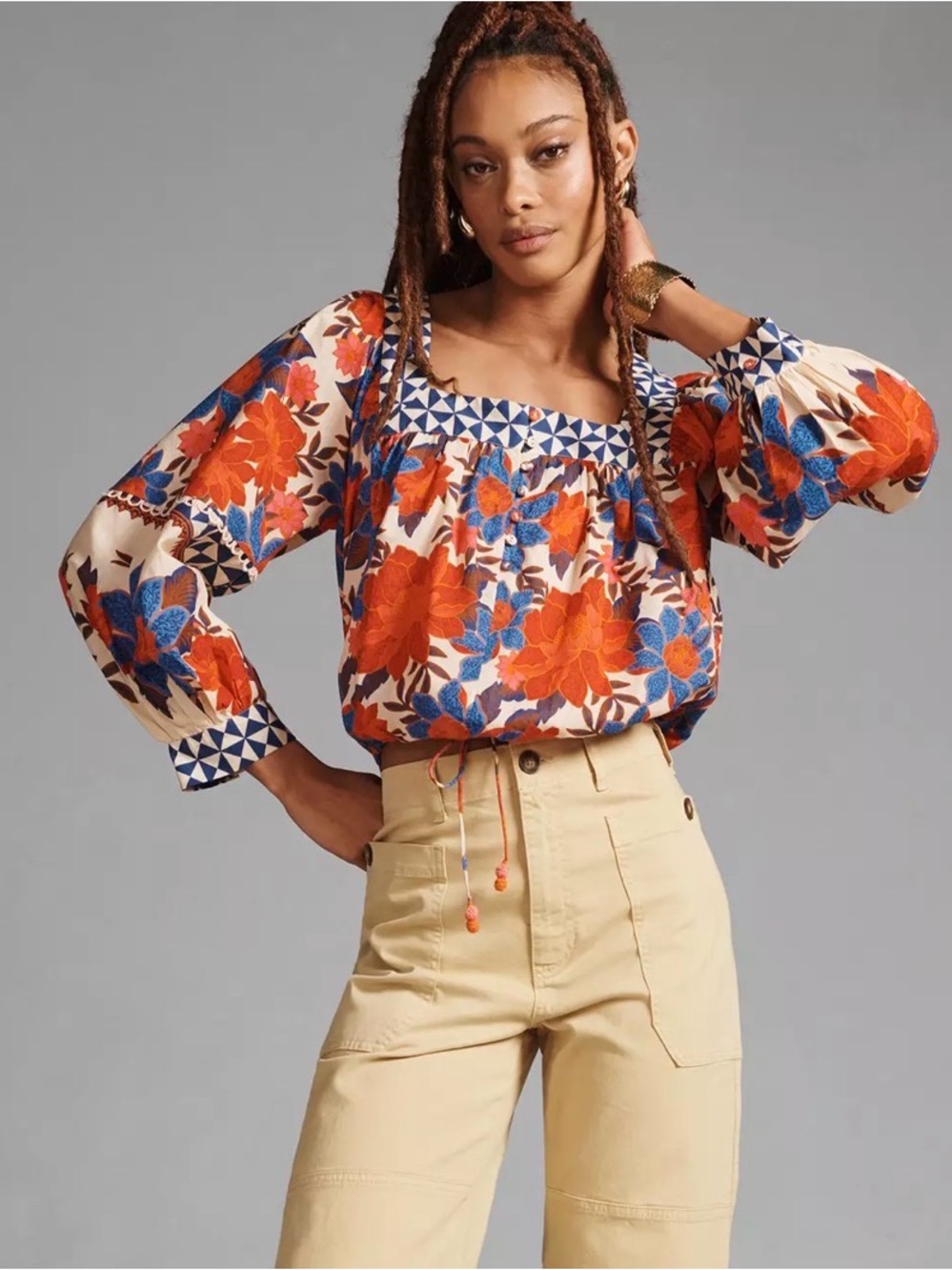 Farm Rio x Anthropologie Printed Square-Neck Puff-Sleeve Blouse Size L Red Blue